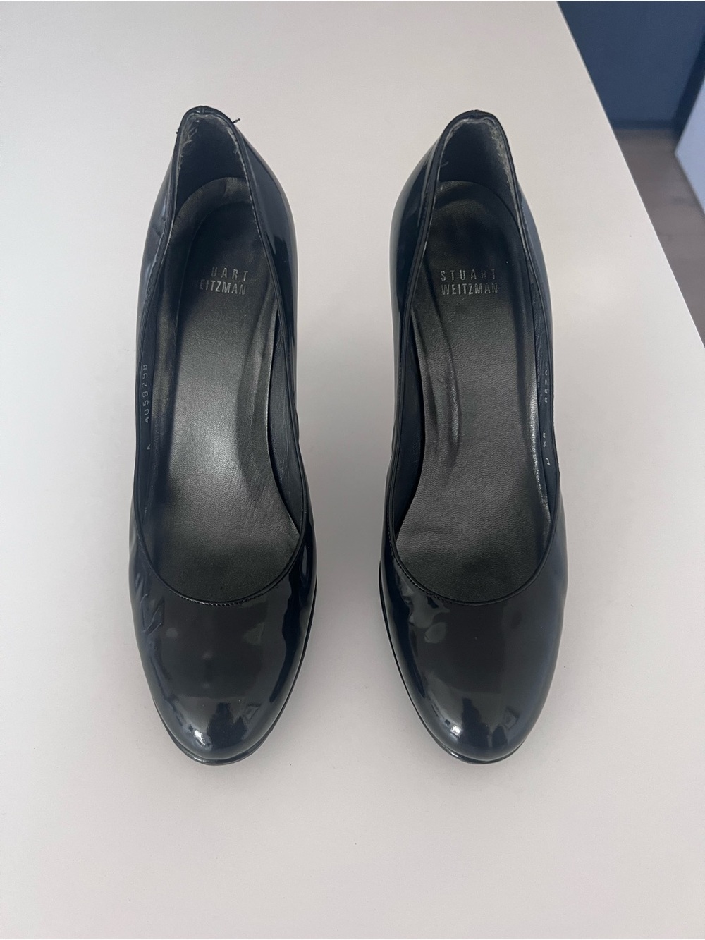 Stuart Weitzman Black Patent Round-Toe Pumps
